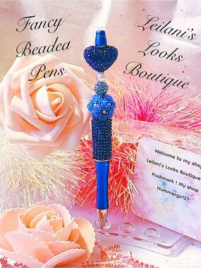 Blue Fancy Beaded Heart Pen - Fancy beaded Pen/gifts/blue beads/